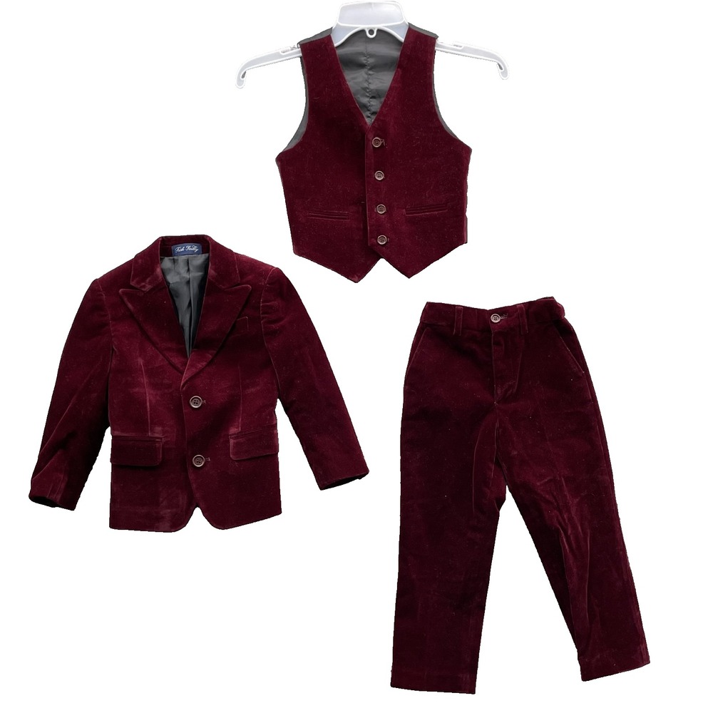 Trish Scully Child 3 Piece Suit Kid's 2 Red‎ Velvet Formal Wedding Party Evening
